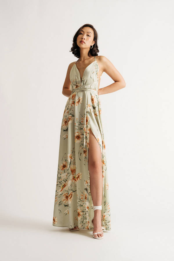 Overjoyed Champagne Satin Floral Print Maxi Dress