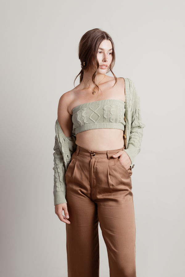 Isla Sage Two-Piece Cable Knit Crop Cardigan Set