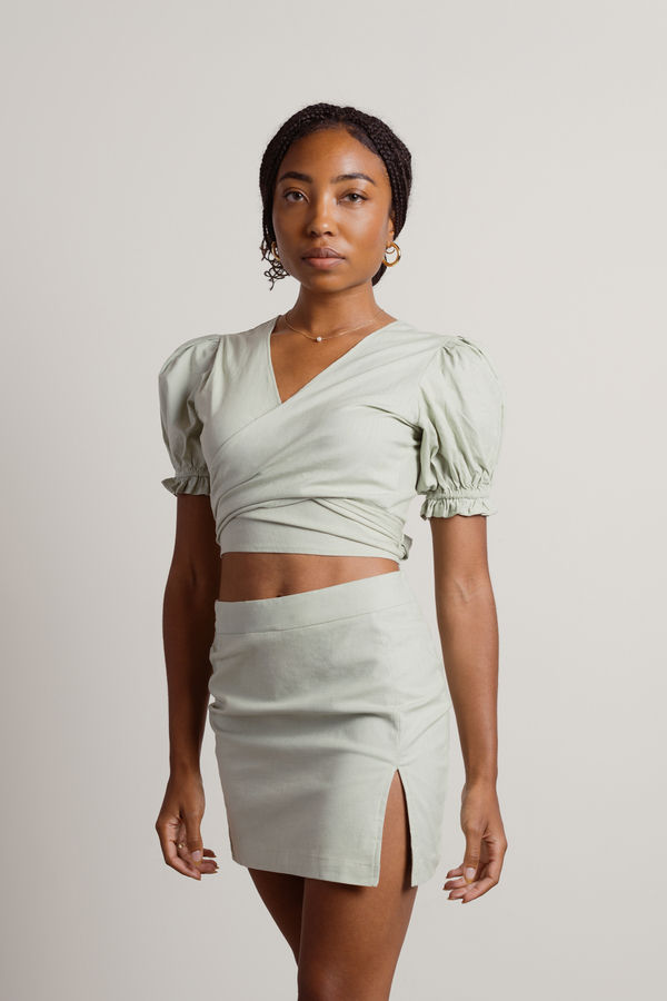 Lucia Green Summer Linen Wrap Crop Top And Mini Skirt Set