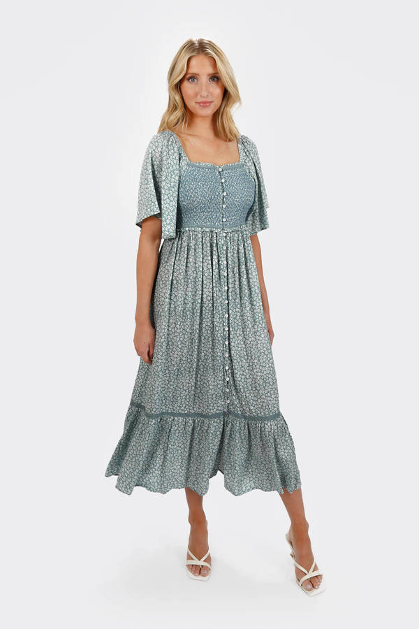 Maeve Sage Button Front Smocked Short Sleeve Midi Fall Wedding Guest Dress