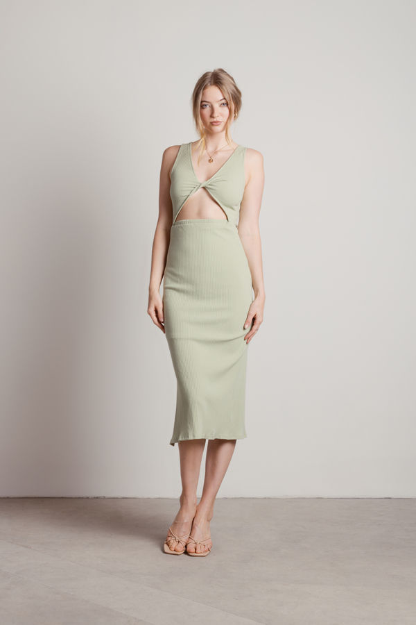 Once Again Sage Ribbed Back Cutout Slit Midi Dress