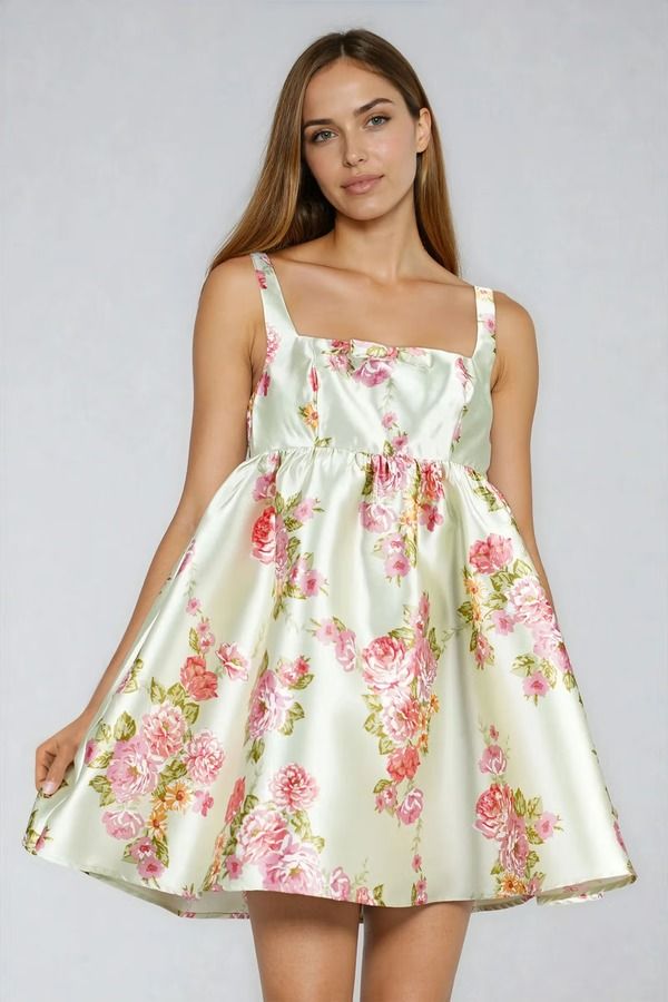 Floral Daydream Babydoll Satin Mini Dress - Sage Pink