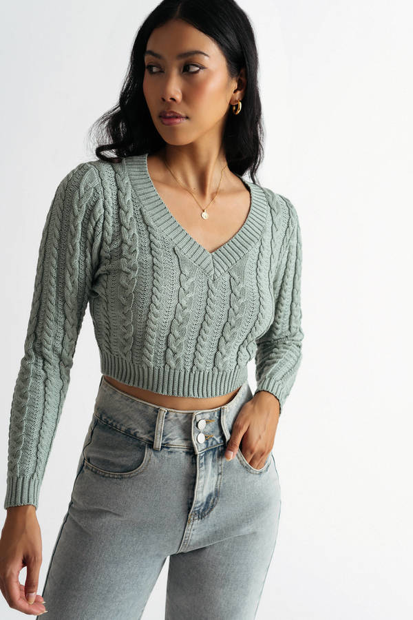 Sammie Sage V-Neck Cable Knit Crop Sweater
