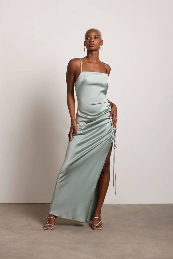Stellar Sage Bridesmaid Satin Ruched Side Slit Maxi Dress