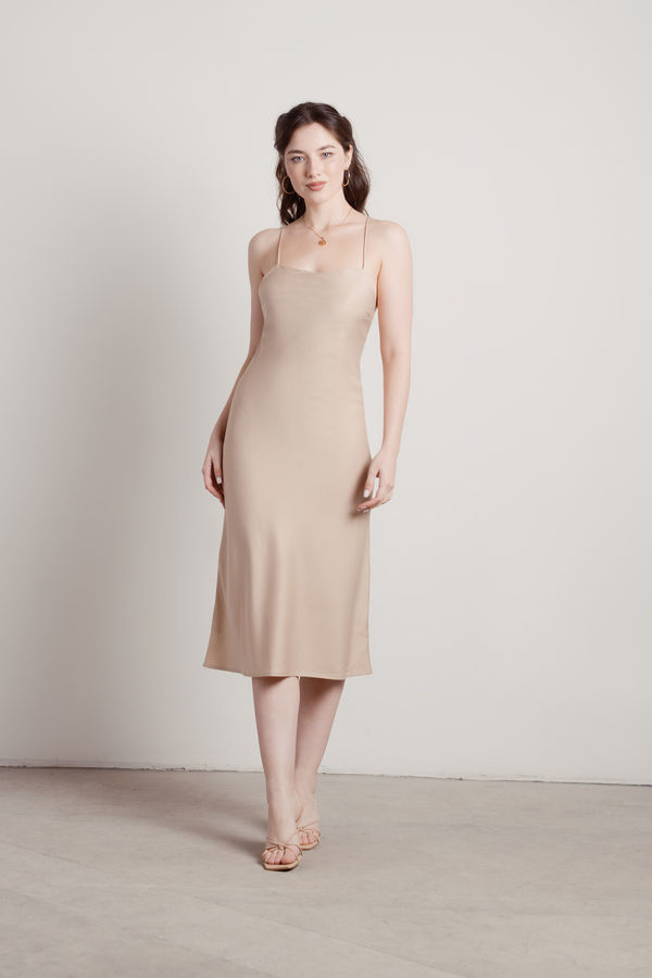 Liora Sand Satin Slip Midi Modest Prom Dress