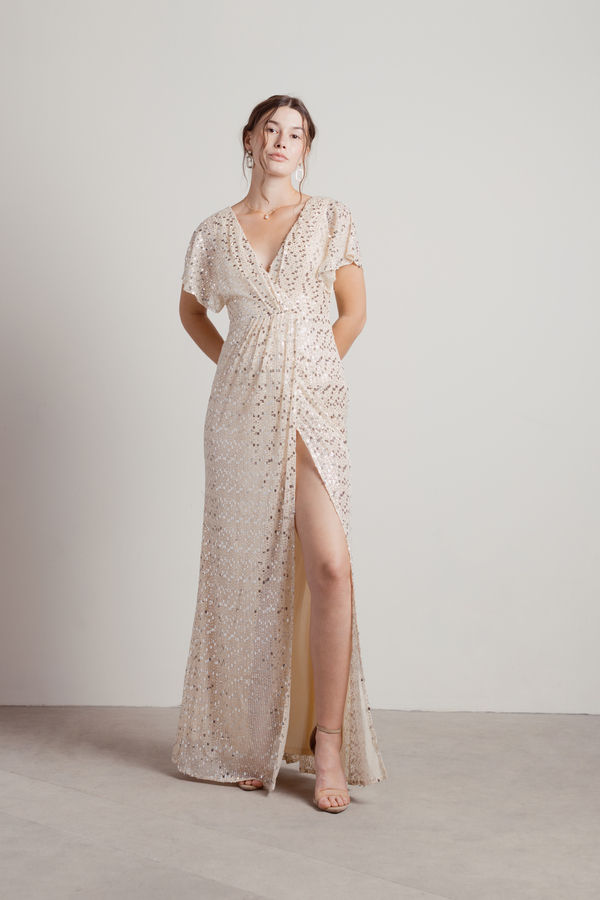 Dreaming of You Tonight Silver Beige Slit Sequin Homecoming Maxi Dress
