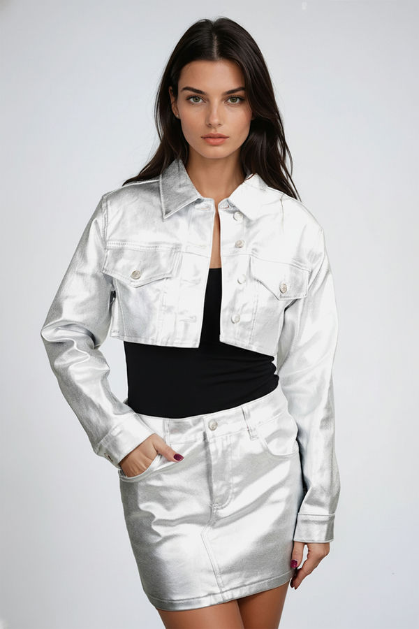 Cosmic Edge Metallic Cropped Jacket - Silver