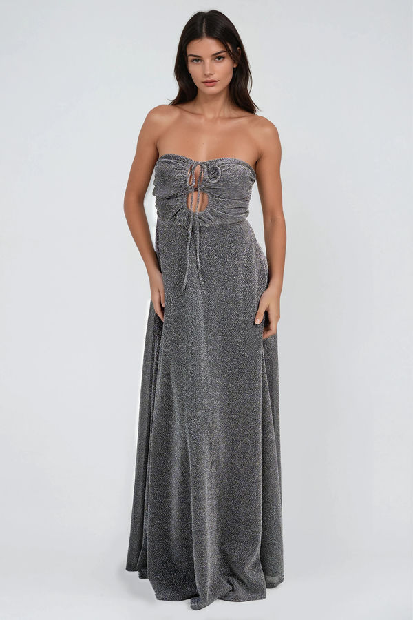 Glimmer Babe Cutout Bust Glitter Maxi Dress - Silver