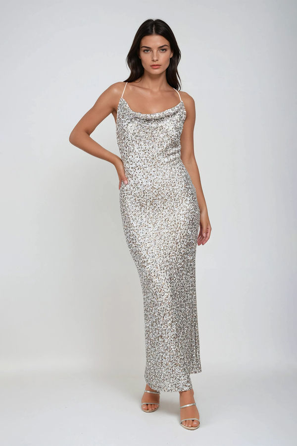 Tempt Me Cowl Sequin Midi Dress - Silver Multi