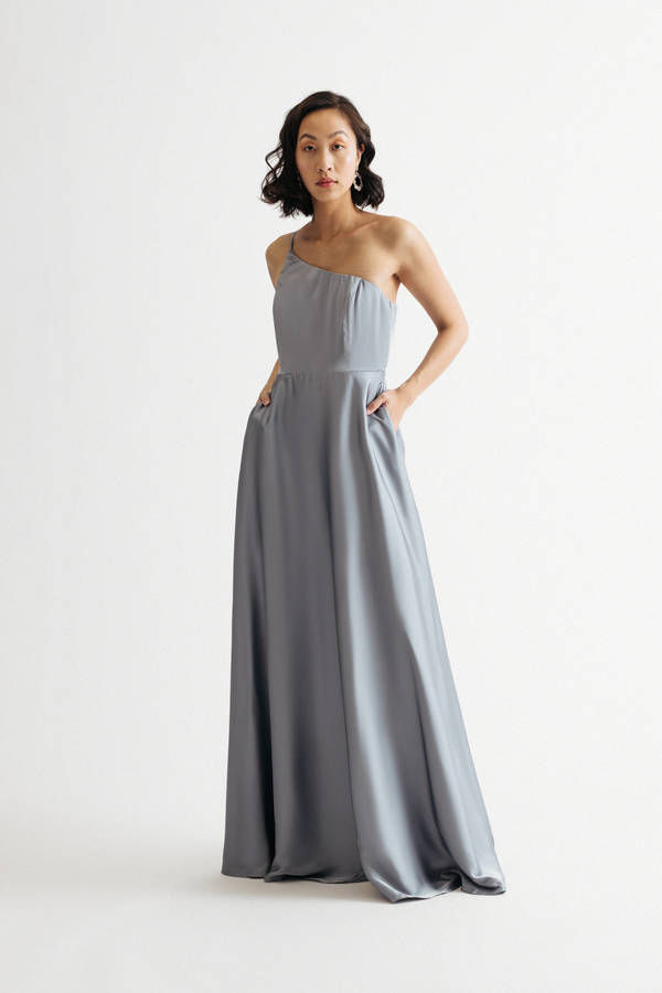 Elisa Slate Bridesmaid One Shoulder Satin Maxi Dress