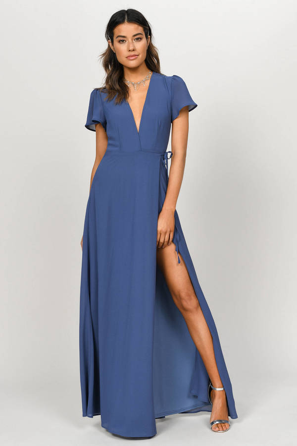 Piper Slate Bridesmaid Plunging Maxi Dress