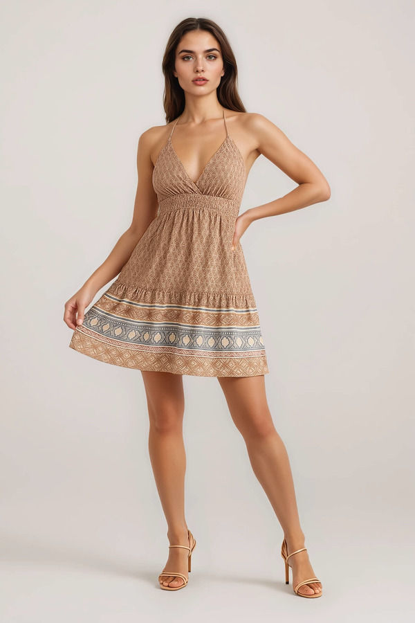 Camryn Taupe Tiered Babydoll Mini Dress