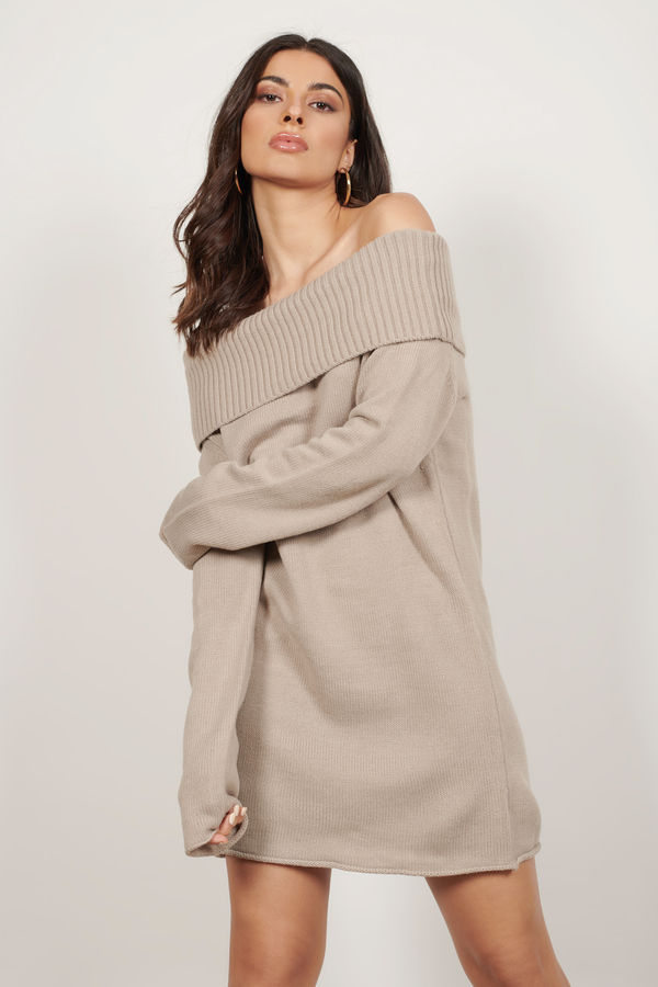 Right Now Taupe Off Shoulder Knit Sweater Dress