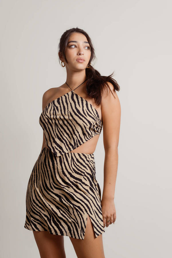 Wild Ones Taupe Zebra Halter Crop Top And Skirt Set