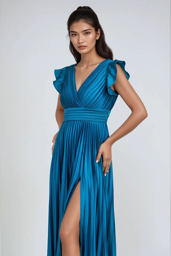 Twilight Muse Satin Pleated Maxi Dress - Teal
