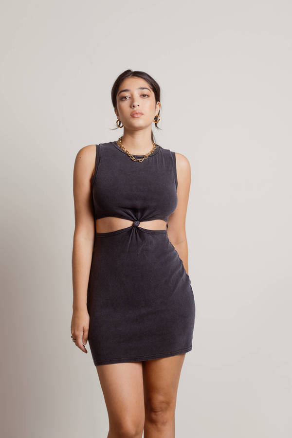 Underneath It All Washed Black Knotted Cutout Mini Dress