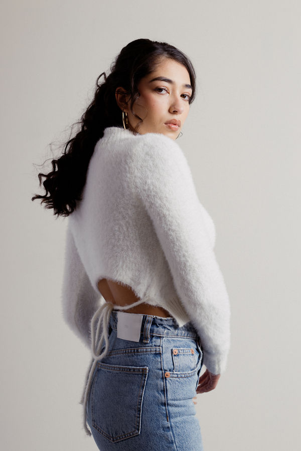 Aida White Fuzzy Mock Neck Tie Back Crop Sweater