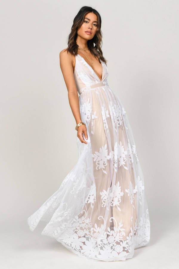 Analise White Plunging Floral Bridesmaid Maxi Dress