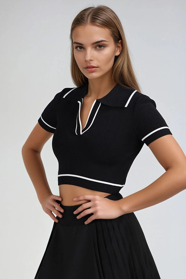 Play It Sweet Collared Crop Top - White/Black