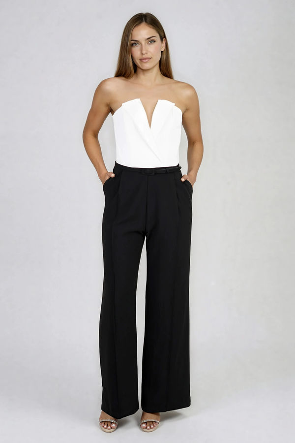 Step Up Belted Tuxedo Jumpsuit - White Black