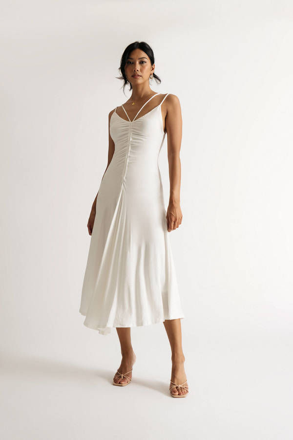 Calliope White Center Ruched Midi Beach Wedding Dress