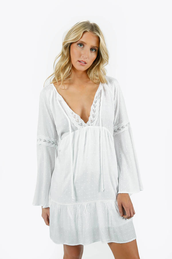 Carmilla White Lace Trimmed Bell Sleeve Babydoll Dress