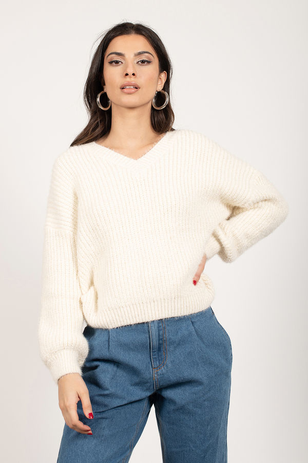 Cloudy Days White V-Neck Sweater