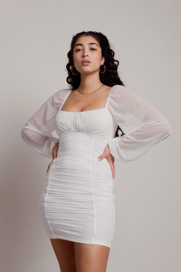 Eli White Ruched Sheer Sleeve Bodycon Long Sleeve Homecoming Dress