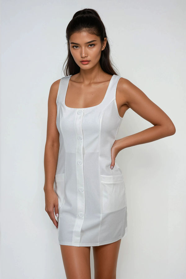 Fearless Button Bodycon Mini Dress - White