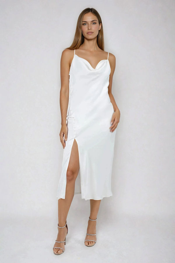 Feel the Sunshine Side Button Satin Midi Dress - White