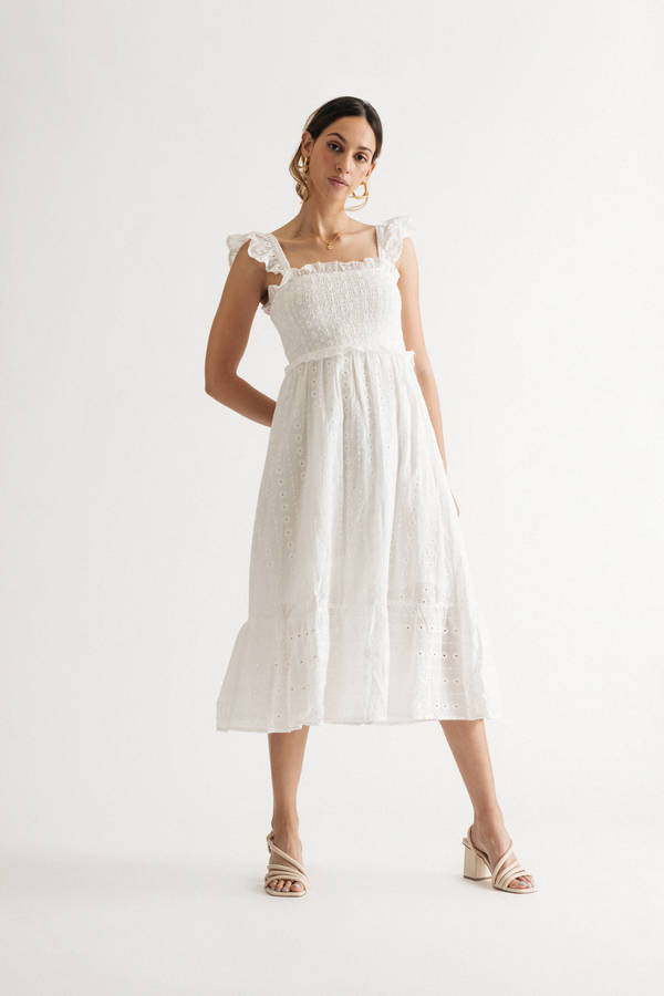 Jaxine White Flutter Sleeve Smocked Midi Bridal Shower Dress
