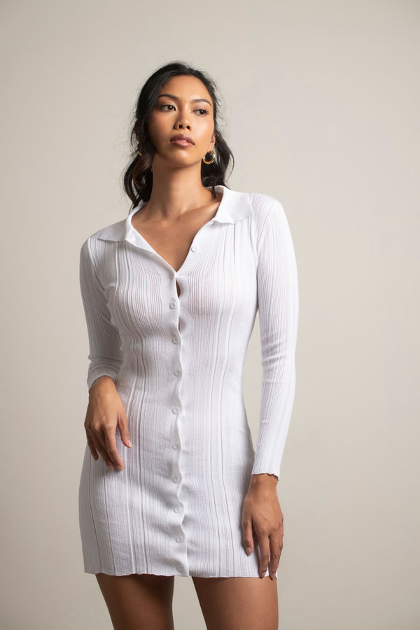 Last Call White Collared Long Sleeve Bodycon A Line Dress