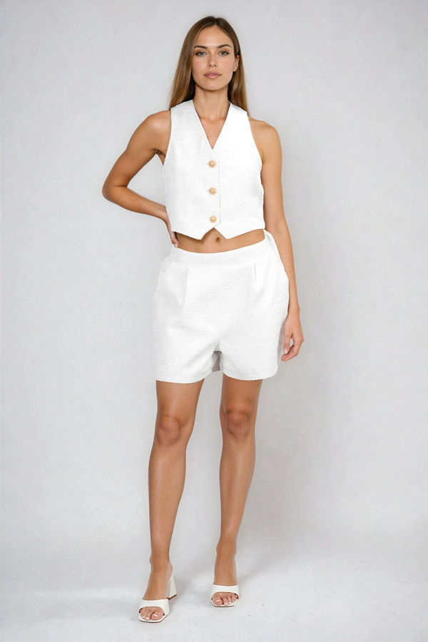Make Them Wonder Tweed Vest Top and Short Set - White
