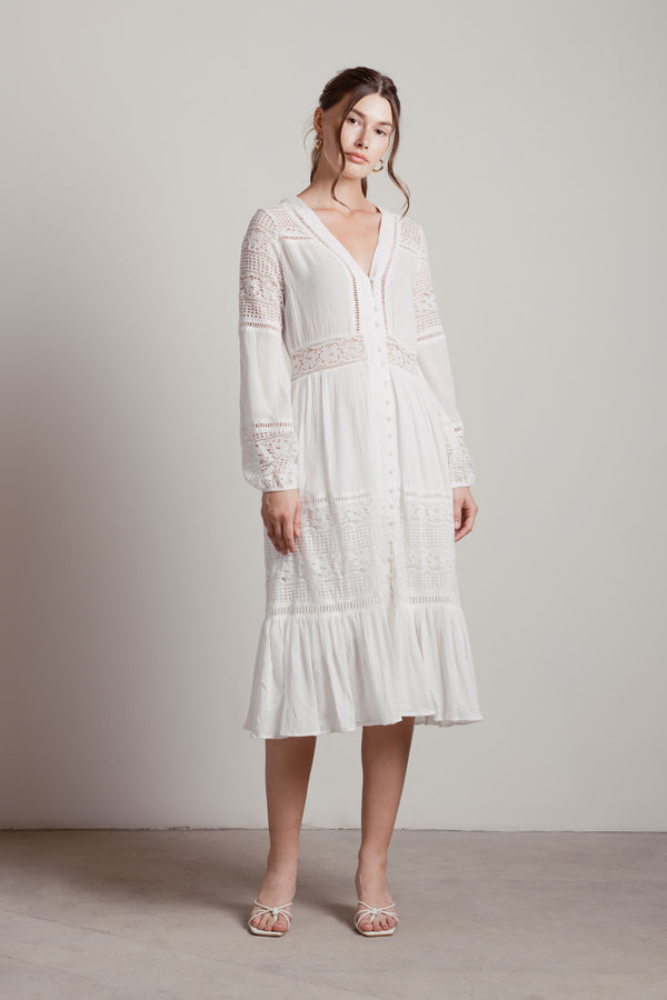 Malibu Mornings White Lace Inset Midi Modest Formal Dress