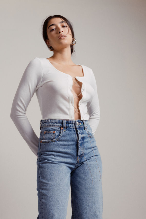 Nelly White Trim Lace Up Ribbed Long Sleeve Top