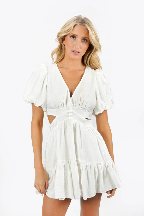 Roselle White V-neck Waist Cutout Mini Dress