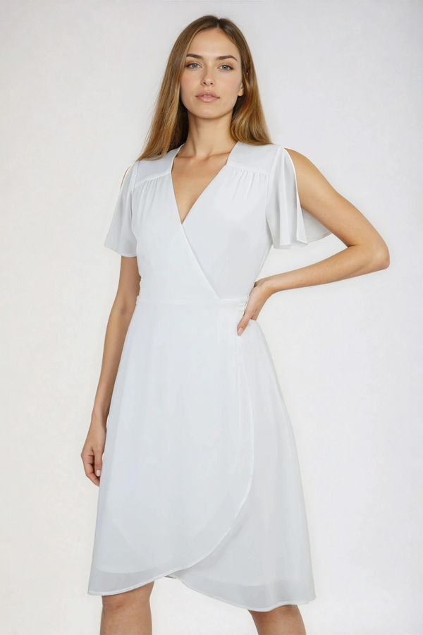 Sunny Mood Flutter Sleeve Wrap Midi Dress - White