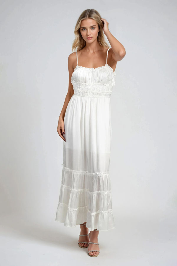 Supernova Satin Tiered Maxi Dress - White