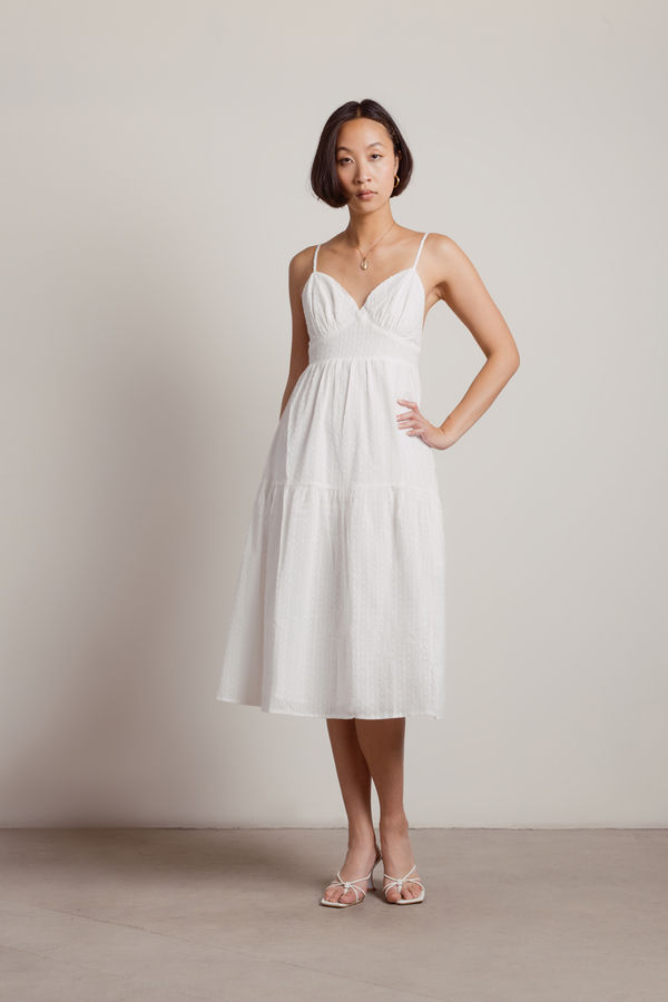 Sweetness White Swiss Dot Cotton Stripe Midi Casual Wedding Dress