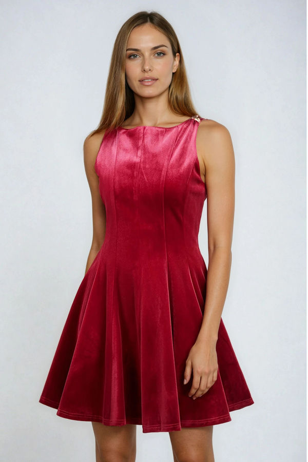 Classic Charm Boatneck Velvet Mini Dress - Wine