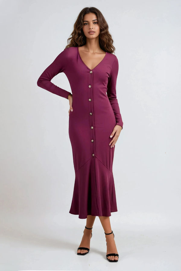 Classic Charm Button Down Mermaid Maxi Dress - Wine