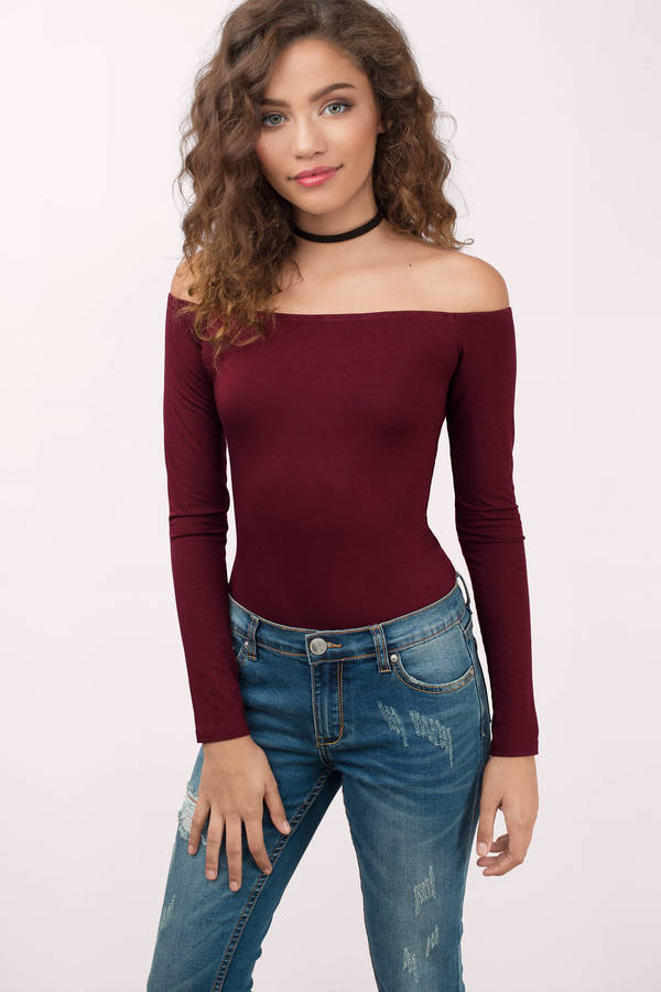 burgundy off the shoulder bodysuit