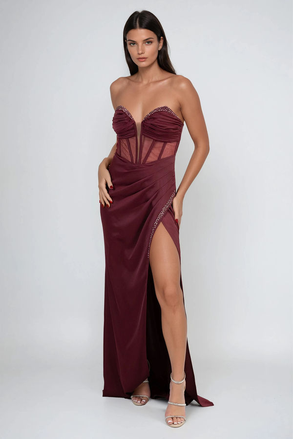 Enchanted Glow Rhinestone Satin Maxi Dress - Wine