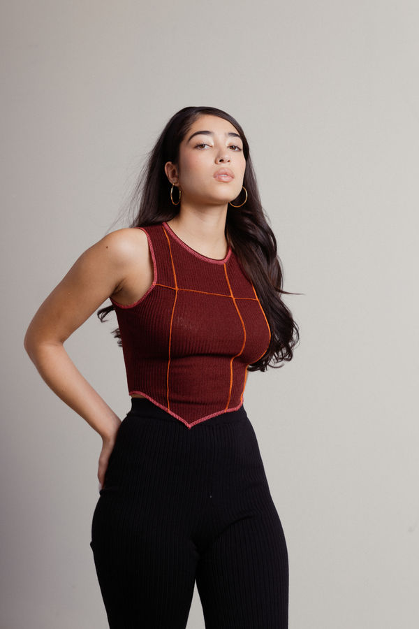 Issa Vibe Wine Reverse Stitch Ribbed Crop Tank Top