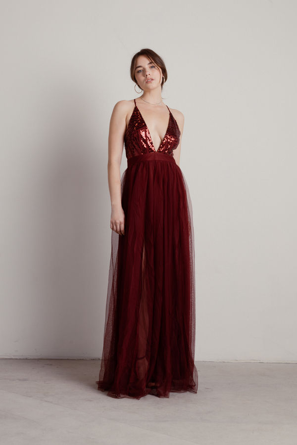 Kristina Burgundy Prom Plunging Maxi Dress