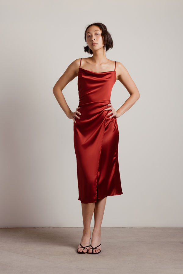 Maddy Satin Slit Midi Dress - Wine