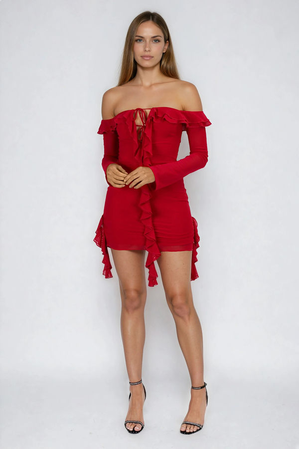 Red in Love Off Shoulder  Ruffle Mini Dress - Wine