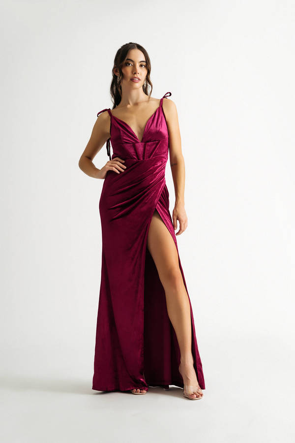 Remember Me Wine Velvet Prom Bustier Slit Maxi Dress