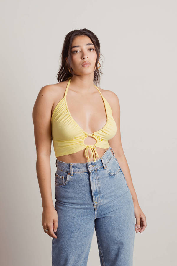 All Tied Up Yellow Ribbed Halter Keyhole Crop Tank Top