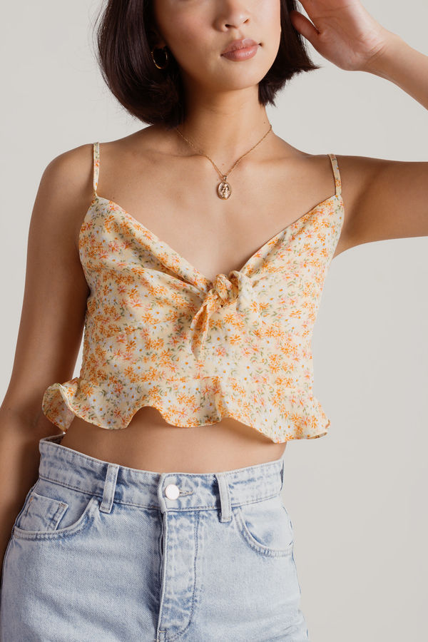 Get With It Yellow Floral Front Tie Crop Tank Top